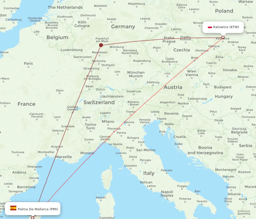 Mapa trasy lotu Katowice Majorka
