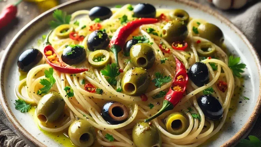 gotowe spaghetti z oliwkami na talerzu