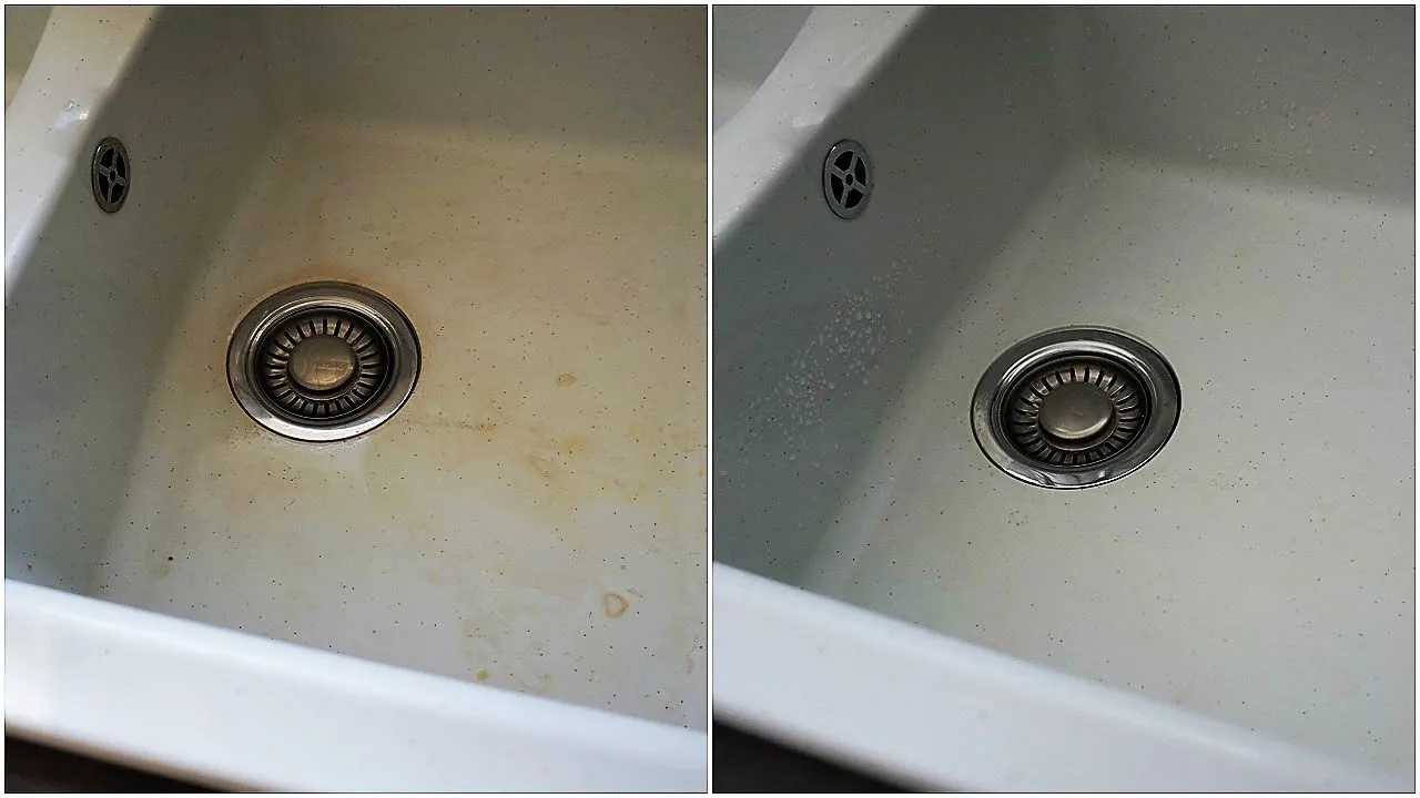 jasny zlew z konglomeratu przed i po czyszczeniu