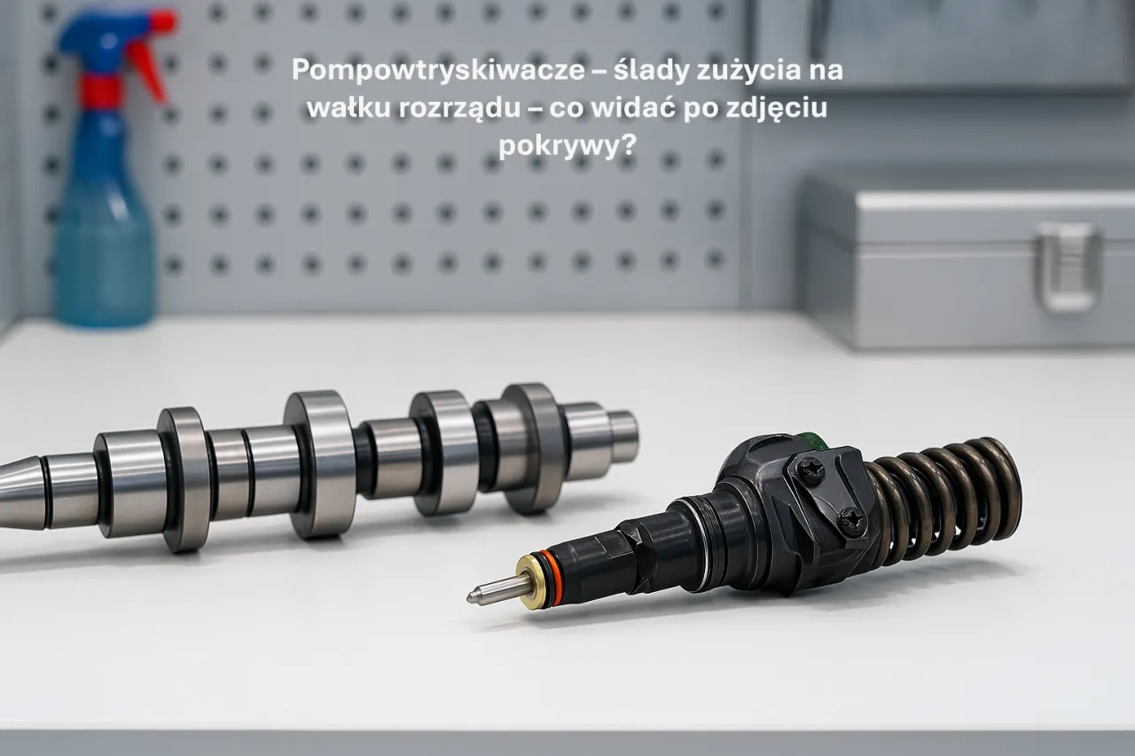 Wałek rozrządu i pompowtryskiwacz. Widoczne ślady zużycia na wałku rozrządu, co może być objawem problem&oacute;w z układem paliwowym.
