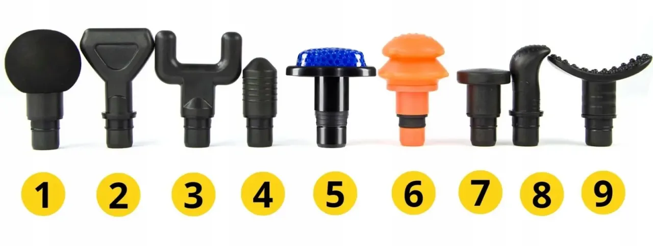 różne modele pistoletów do masażu, końcówki pistoletu do masażu