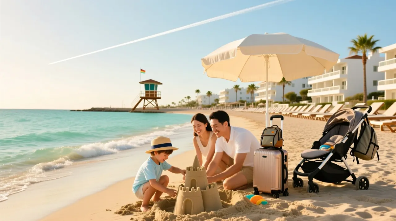 Rodzina z małym dzieckiem na zagranicznych wakacjach piaszczysta plaża