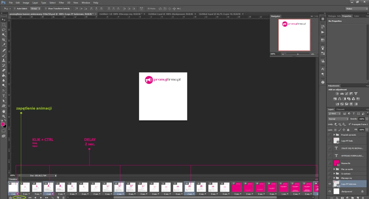 Jak zrobić gifa w Photoshopie: panel Timeline z klatkami animacji, logo i ustawieniami.