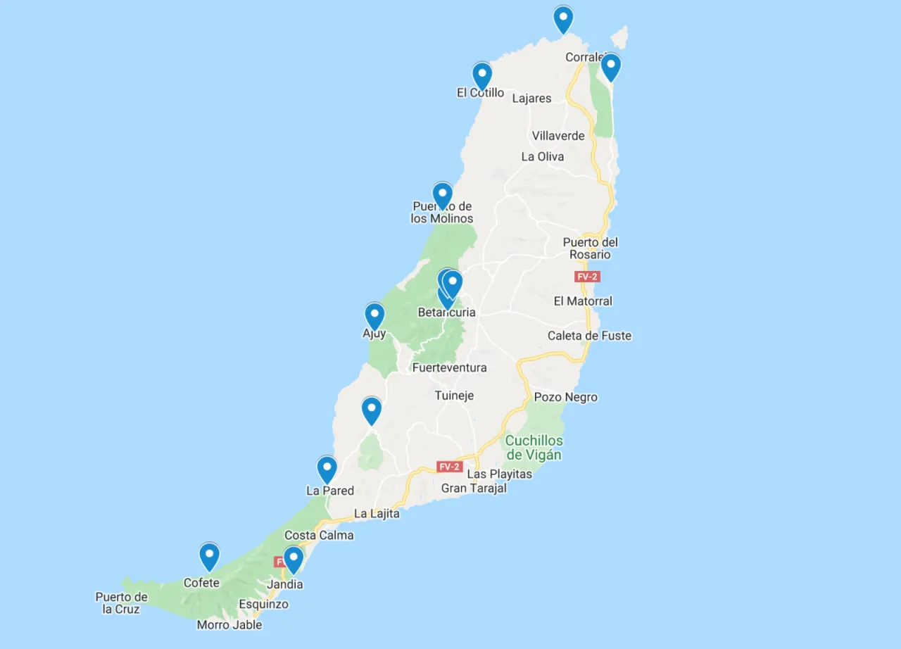 Mapa atrakcji Fuerteventura z podziałem na regiony