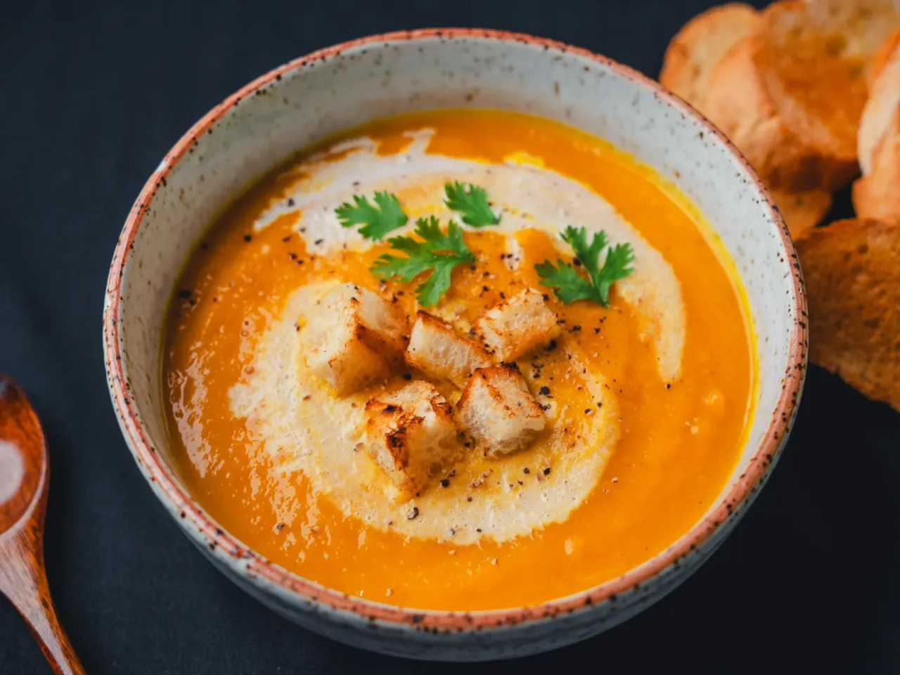 zupa dyniowa z różnymi dodatkami