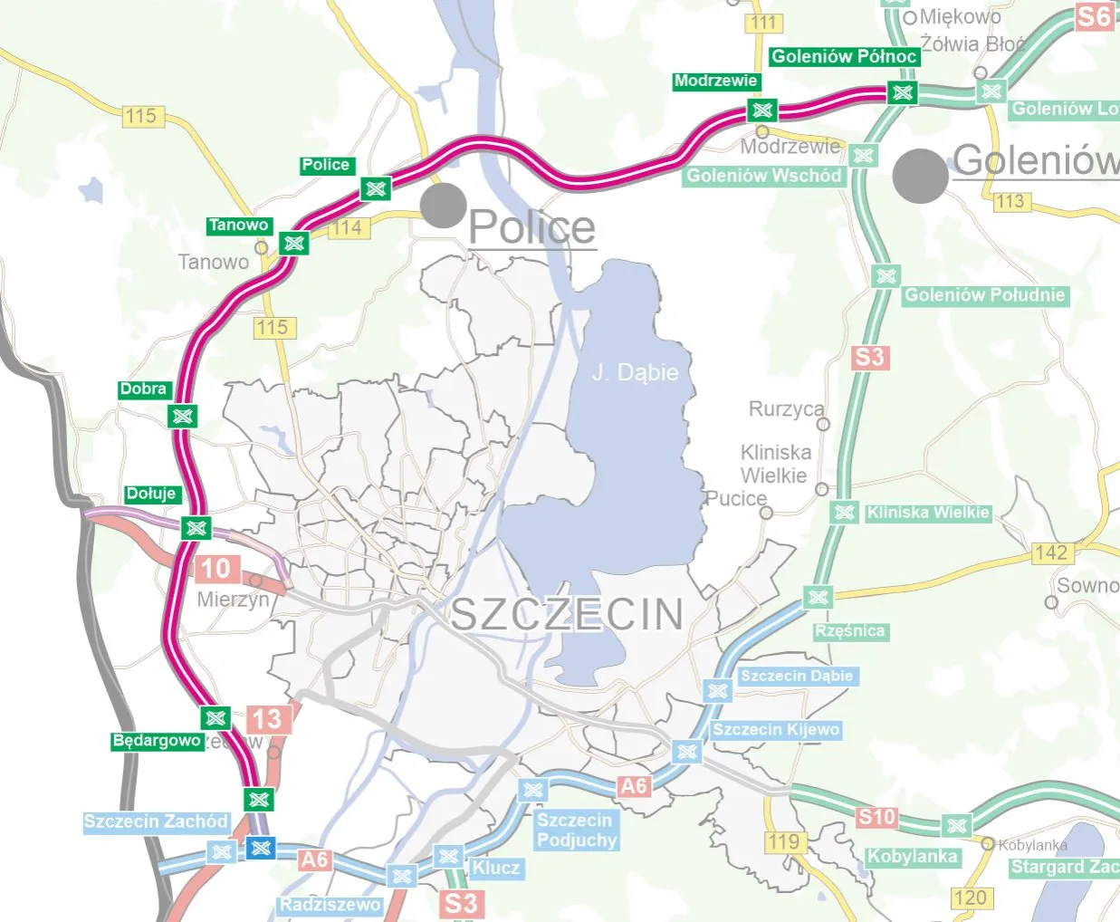 Mapa Zachodniej Obwodnicy Szczecina S6 przebieg