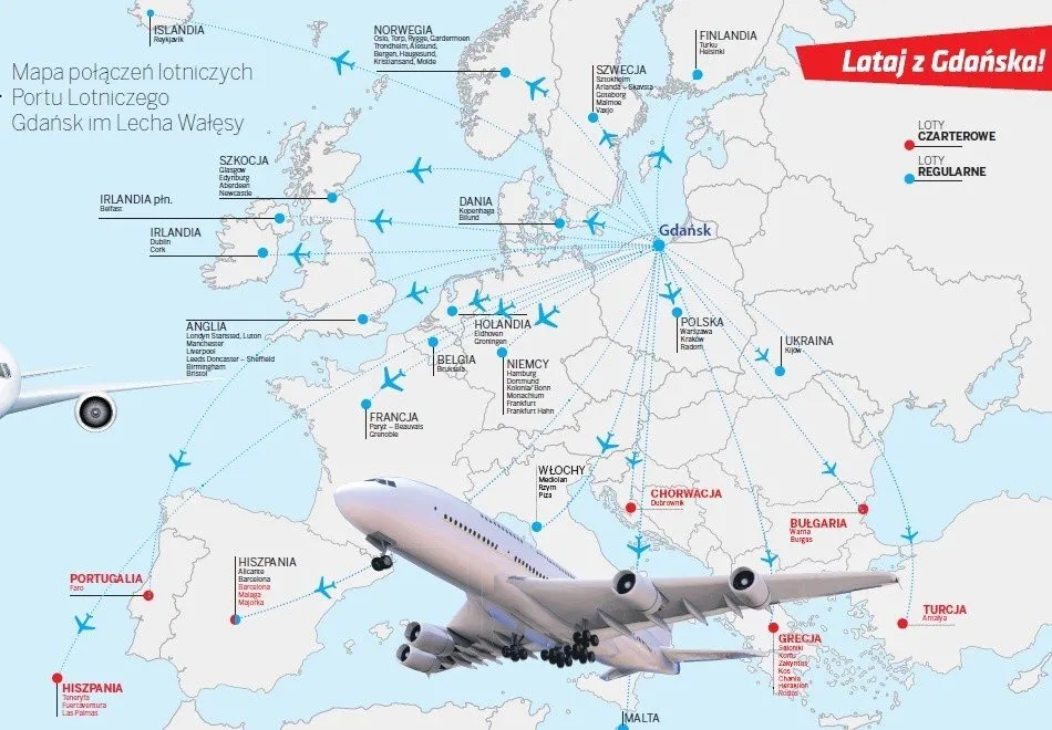 Mapa połączeń lotniczych z lotniska Gdańsk