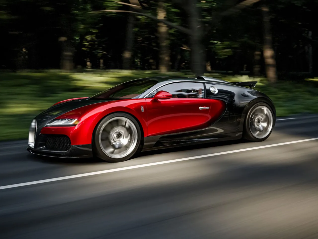 Czerwono-czarny Bugatti Veyron mknie po drodze wśr&oacute;d drzew.