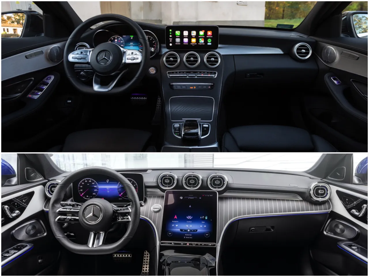 Wnętrze nowoczesnego mercedesa benz klasy c z cyfrowymi zegarami i dużym ekranem multimedialnym.