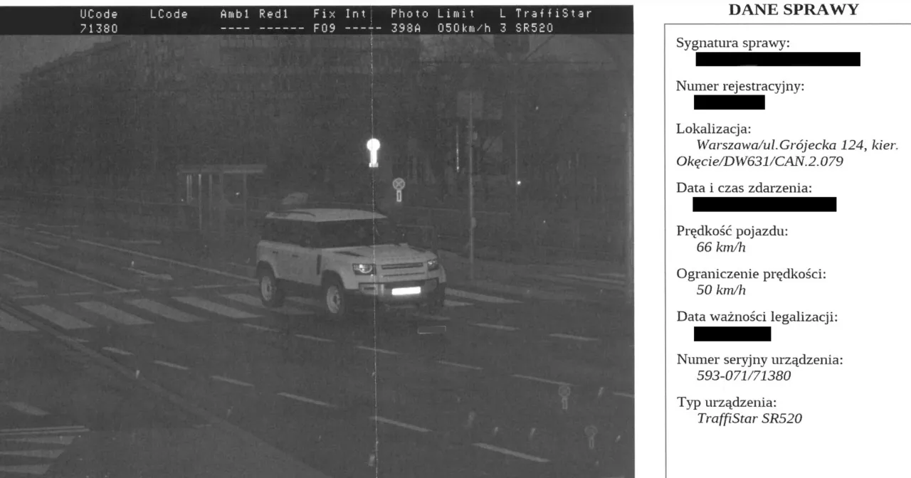 Zdjęcie z fotoradaru: biały Land Rover Defender przekracza prędkość 66 km/h na ograniczeniu do 50 km/h. Może to być dow&oacute;d na mandat z fotoradaru na inną osobę.