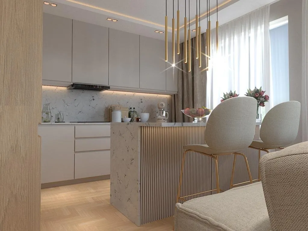 nowoczesny aneks kuchenny w salonie wyspa