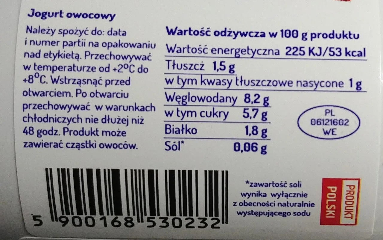 etykieta jogurtu wartości odżywcze