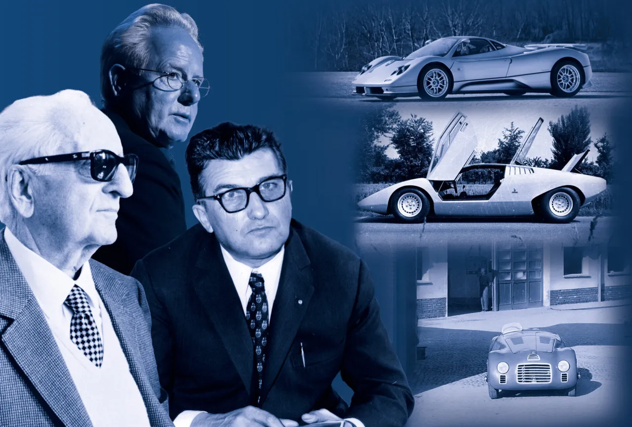 Ferruccio Lamborghini, wizjoner, kto stworzył Lamborghini, na tle swoich legendarnych aut.