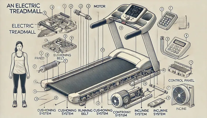 infografika budowa bieżni domowej, parametry techniczne bieżni