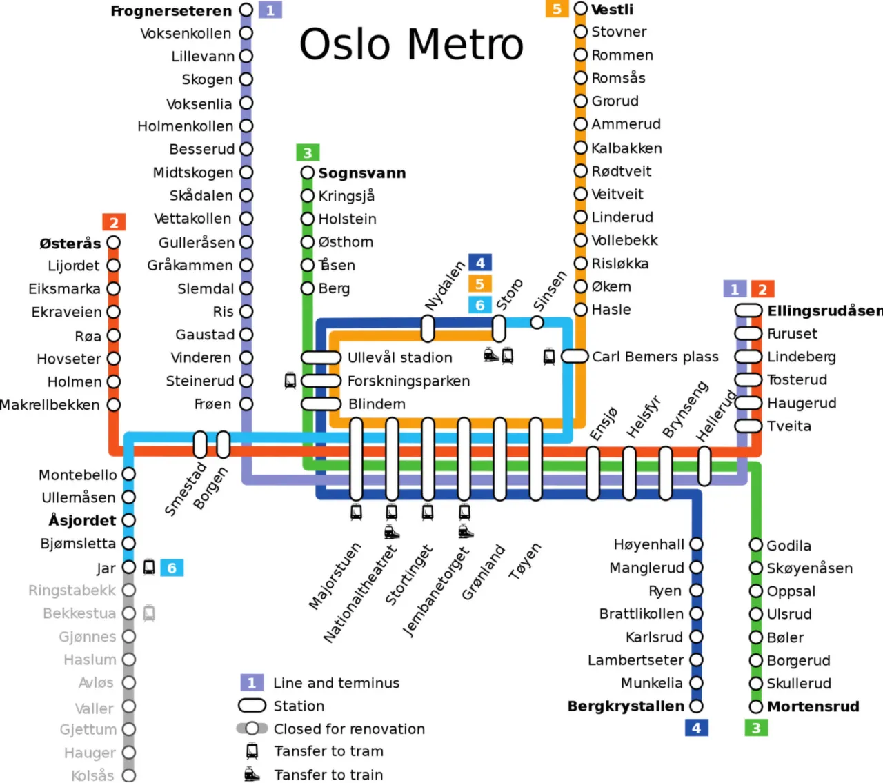 Mapa transportu publicznego Oslo z liniami metra i tramwaj&oacute;w