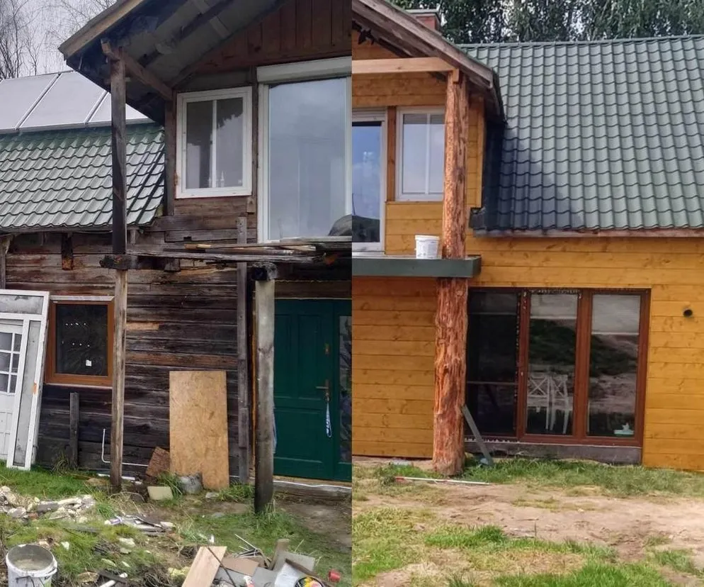 Różne elewacje starych drewnianych domów przed i po remoncie