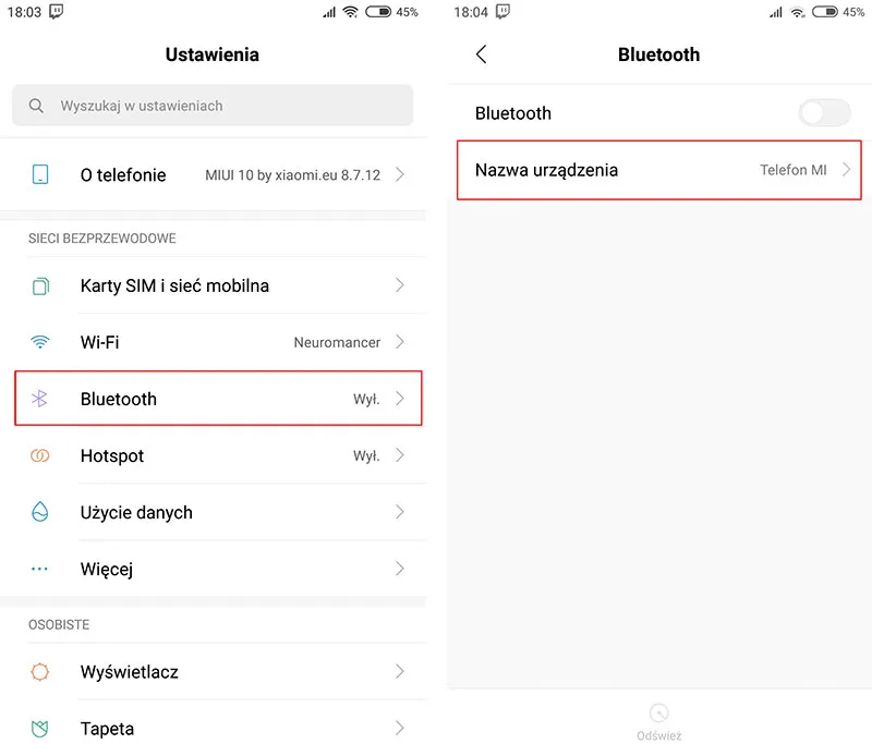 Ustawienia Bluetooth Android telefon