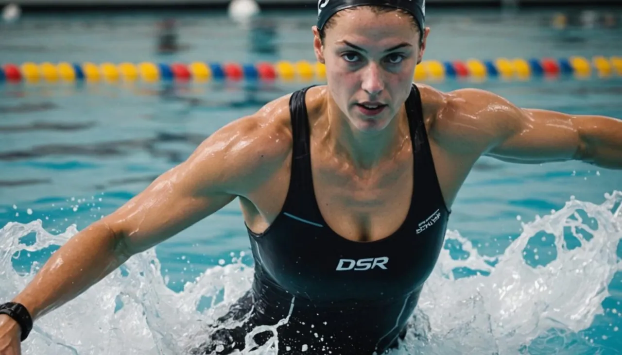 Pływaczka w czepku i stroju kąpielowym DSR pokonuje wodę, demonstrując technikę, jak pływać kraulem i się nie męczyć.
