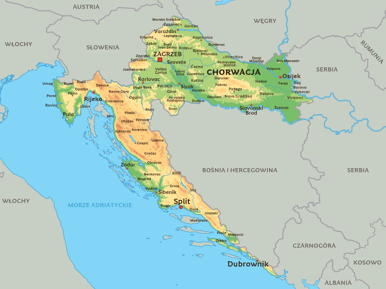 Mapa Chorwacji z zaznaczonymi regionami turystycznymi