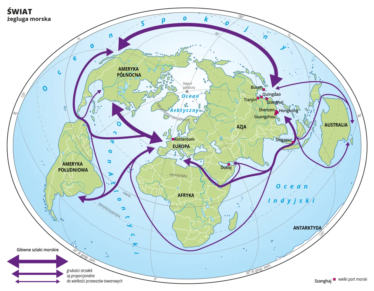 Mapa świata z zaznaczonymi trasami transportowymi lub schemat łańcucha dostaw