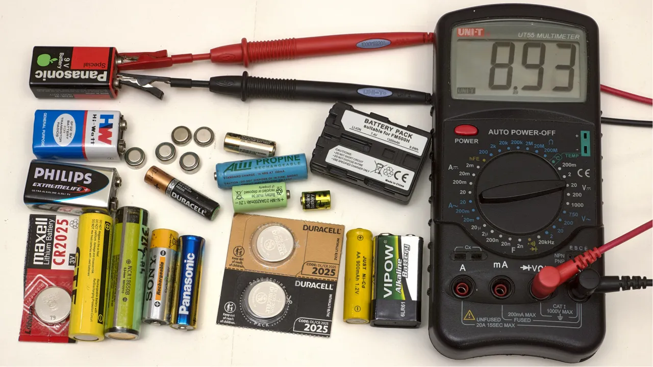 Multimetr pokazuje 8.93V, obok różne baterie. Dowiedz się, jak używać multimetru do pomiaru napięcia.