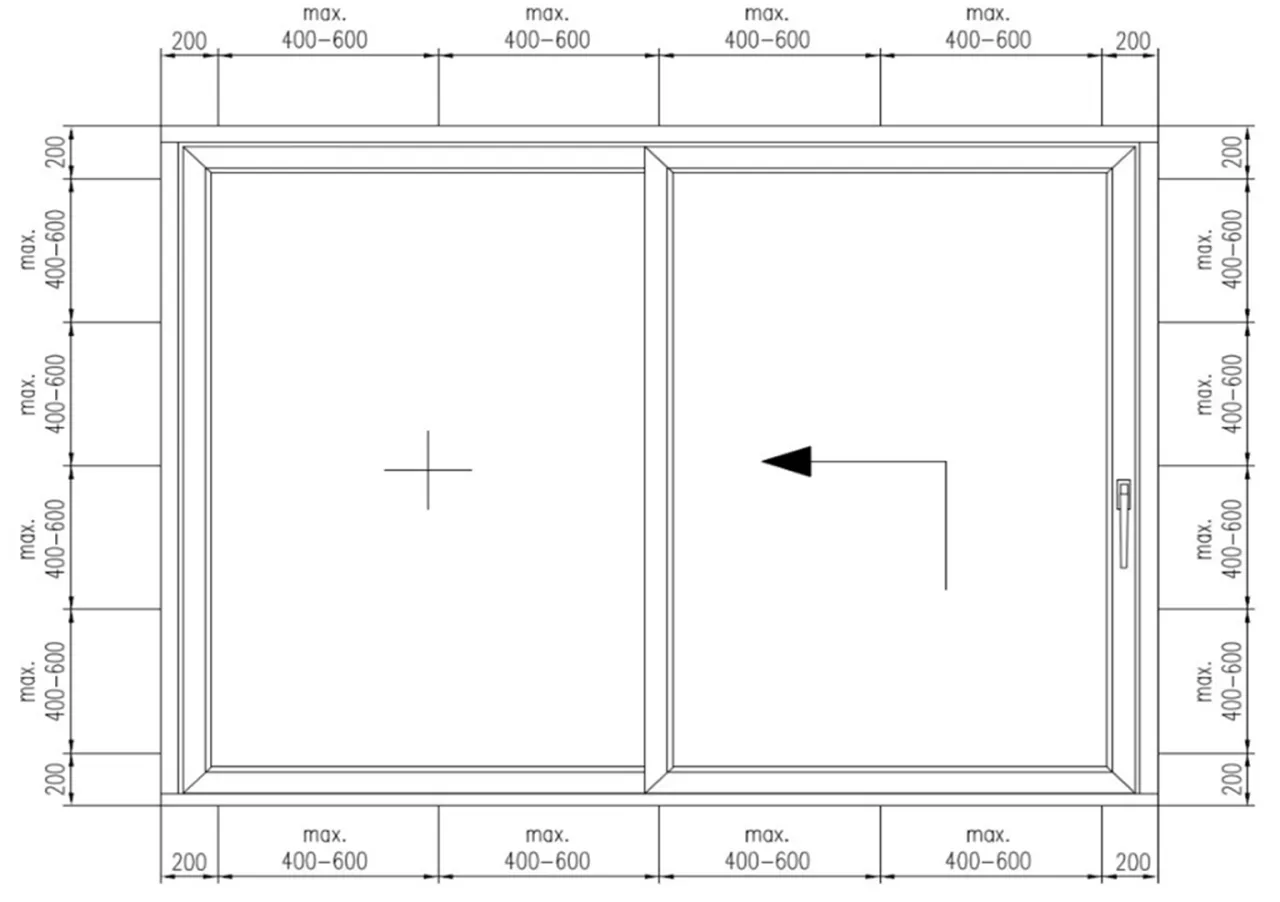 Rysunek techniczny drzwi przesuwnych z wymiarami. Sprawdź, czy drzwi przesuwne są szczelne, analizując ich konstrukcję i dopuszczalne luzy.