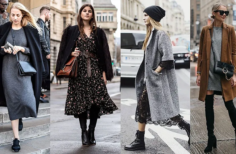 długa sukienka botki kozaki jesień zima