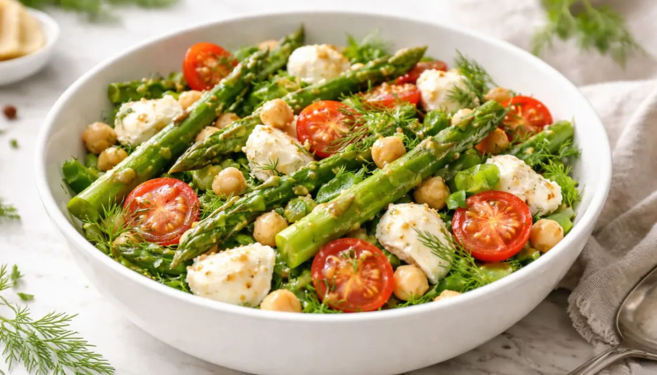 Sałatka z szparagami, pomidorkami i mozzarellą. Idealna na Wielkanoc, świetne fit przepisy na święta.