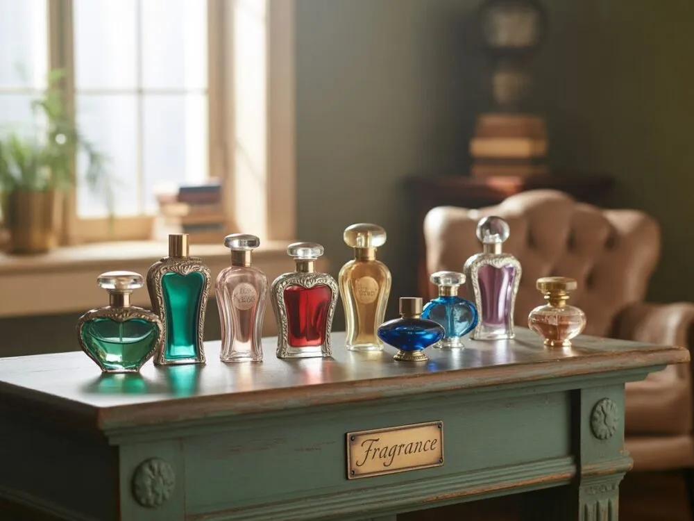 flakony perfum przechowywane w ciemnej szafce lub pudełku