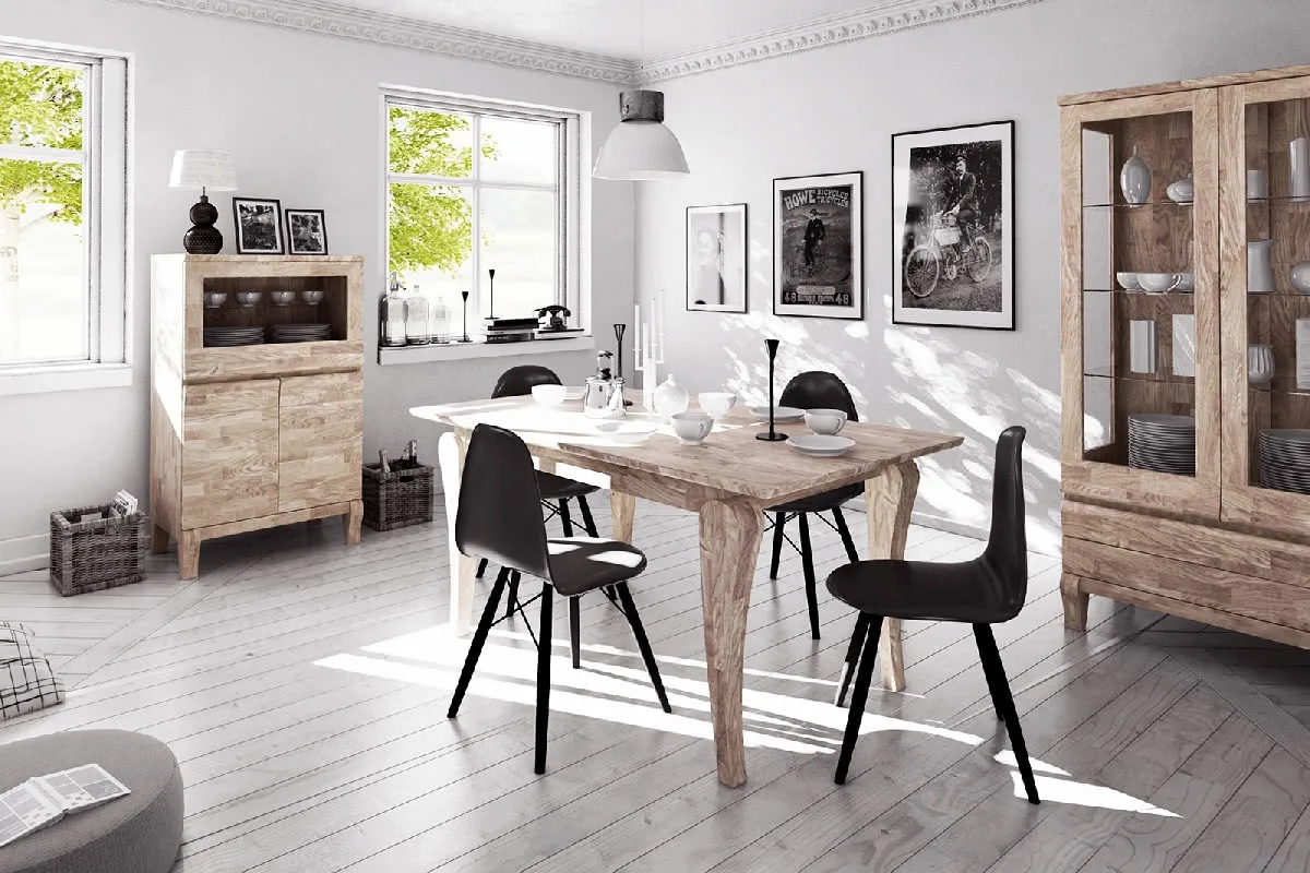 Funkcjonalna jadalnia z krzesłami idealnie schowanymi pod stołem