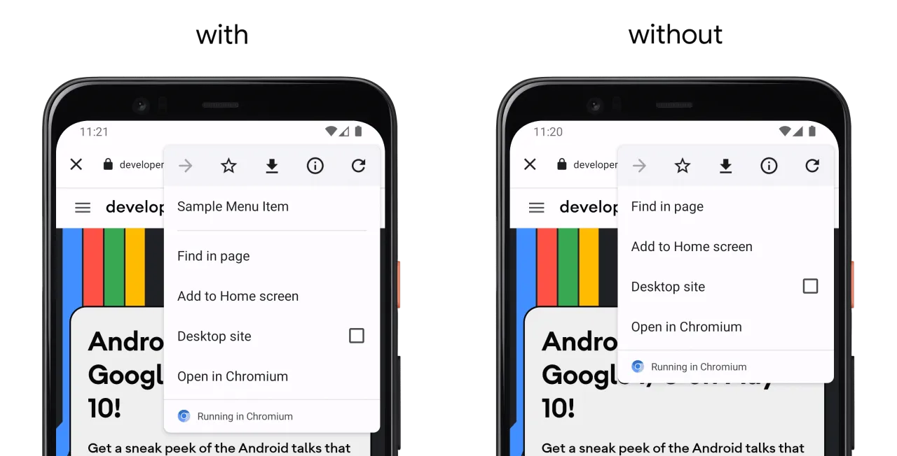 Porównanie menu przeglądarki: z opcją 
