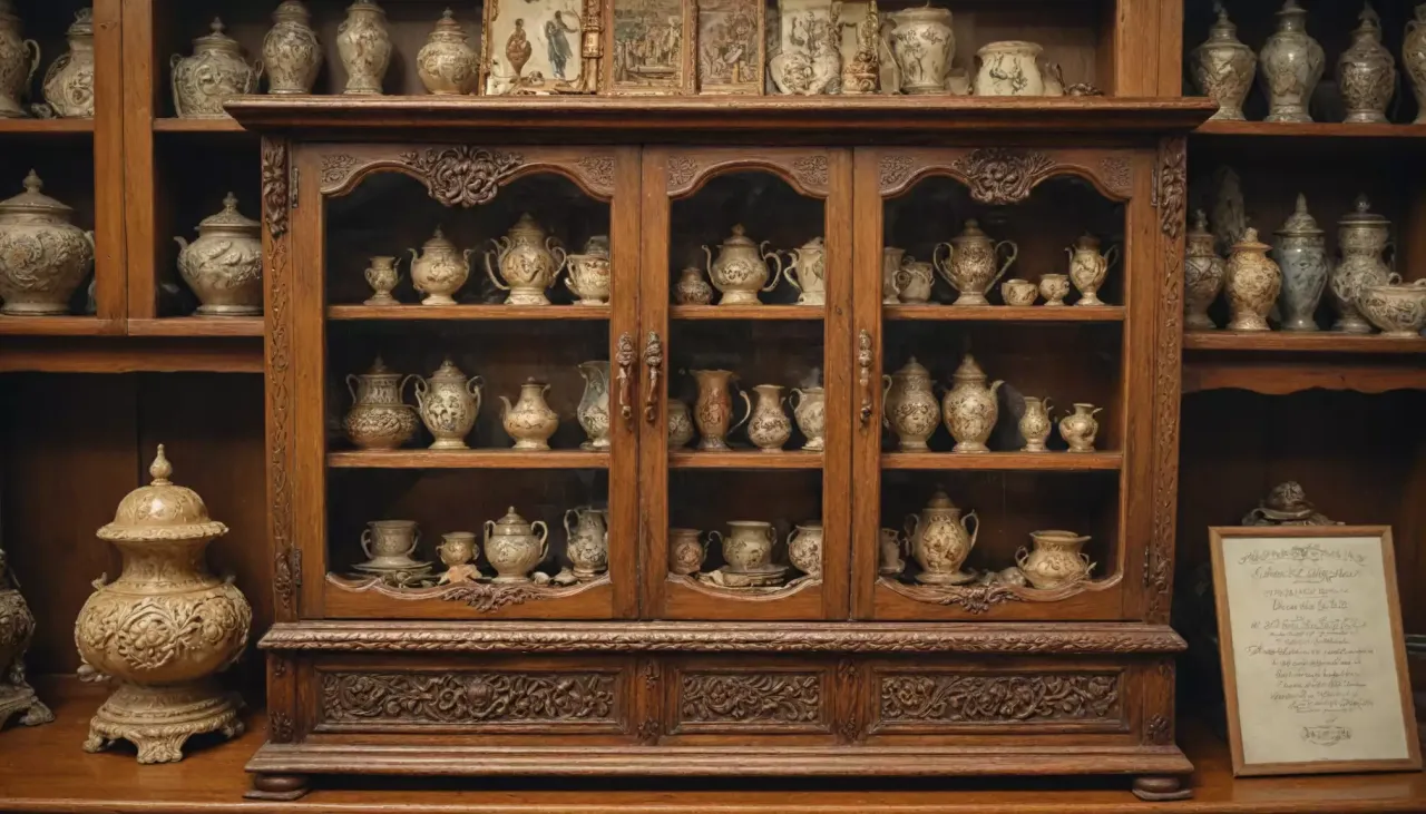 Antyczne wazy i dzbanki w drewnianej gablocie. Jak wyceniać meble i antyki?