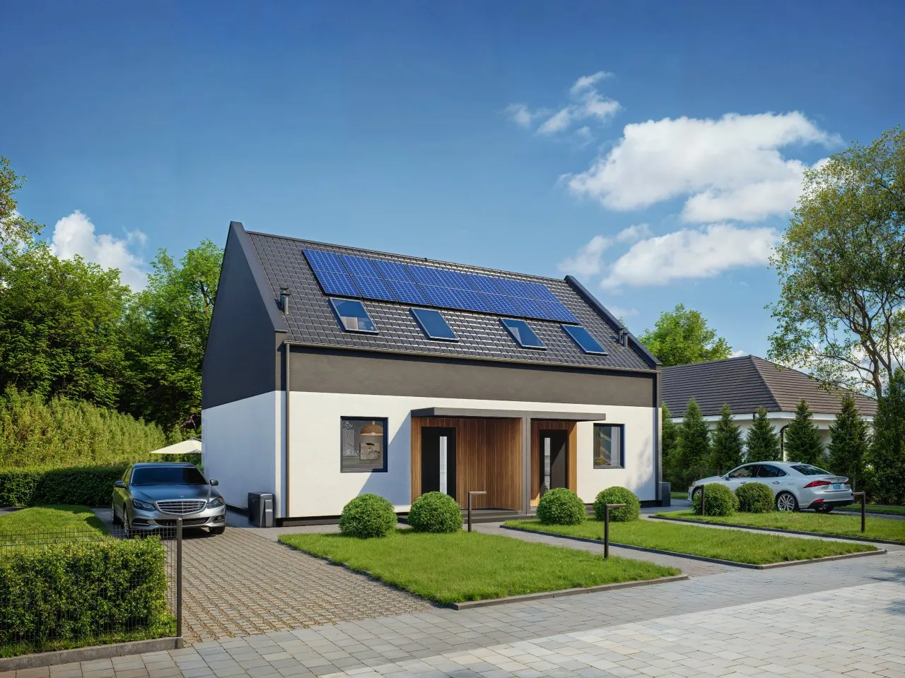 wizualizacja nowoczesnego energooszczędnego budynku z fotowoltaiką