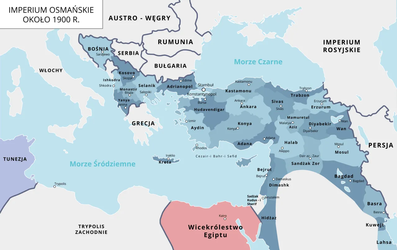 Mapa Imperium Osmańskiego około 1900 r. pokazuje jego rozległe terytoria, od Bałkan&oacute;w po Bliski Wsch&oacute;d. Kocioł bałkański, co to? To obszar pełen napięć i konflikt&oacute;w.