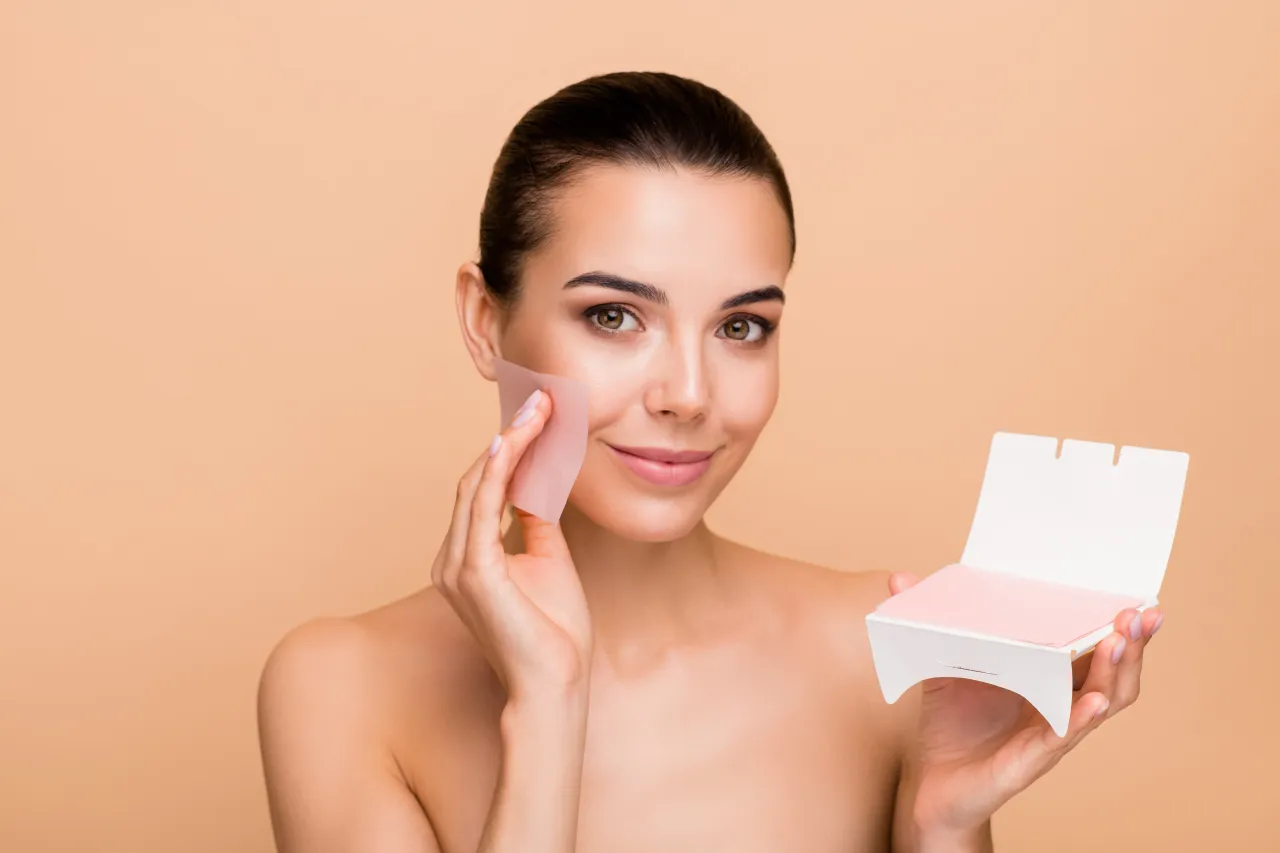 Kobieta z uśmiechem na twarzy używa bibułki matującej, by pozbyć się tłustej cery. W dłoni trzyma pudełko z bibułkami.