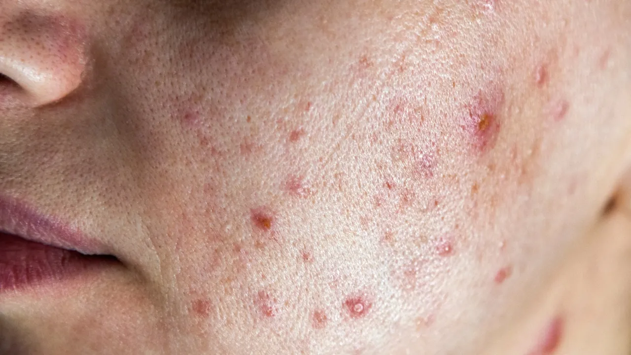 Sk&oacute;ra z widocznymi porami i licznymi czerwonymi zmianami, kt&oacute;re pokazują, od czego wychodzą pryszcze.