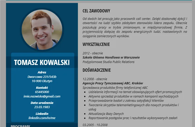 przykładowe CV ucznia bez doświadczenia
