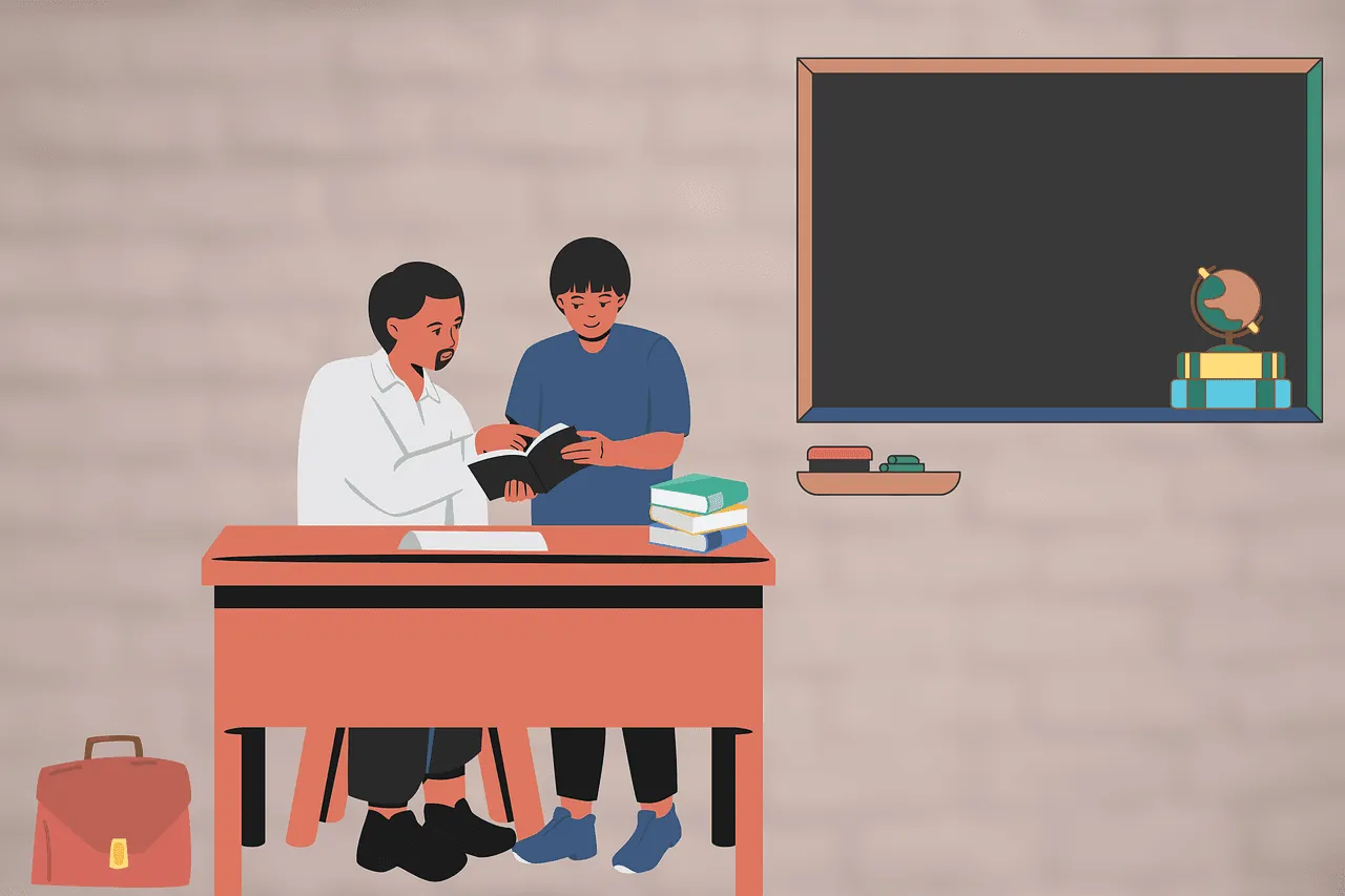 nauczyciel i rodzic omawiający dokumenty edukacyjne dziecka przy biurku