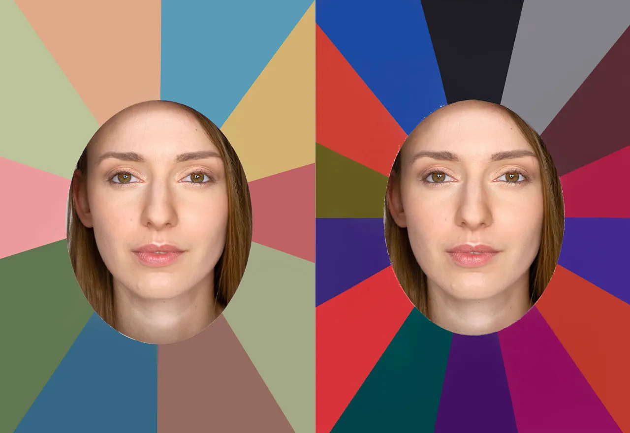 Dwie twarze kobiety otoczone kołem barw. Po lewej stonowane kolory, jakby zgaszona jesień. Po prawej intensywne barwy.