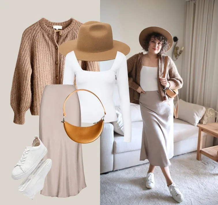 Beżowa sp&oacute;dnica stylizacje do biura na co dzień na randkę