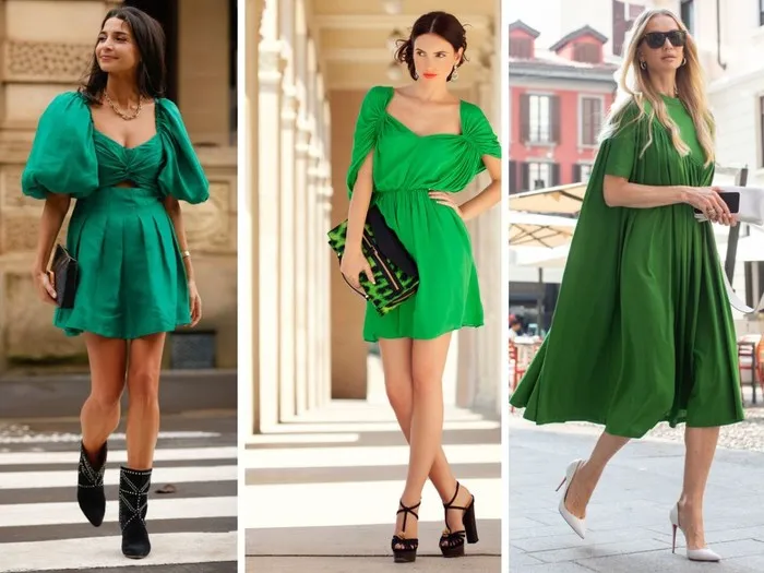 kobieta w eleganckiej zielonej sukience na weselu stylizacja