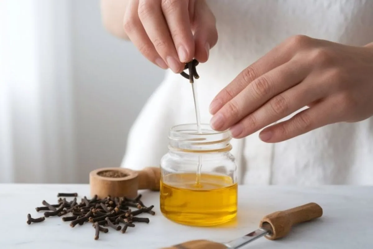 Dłonie dodają goździki do słoiczka z olejem, pokazując, jak zrobić olejek goździkowy w domu. Obok leżą goździki i drewniana łyżka.