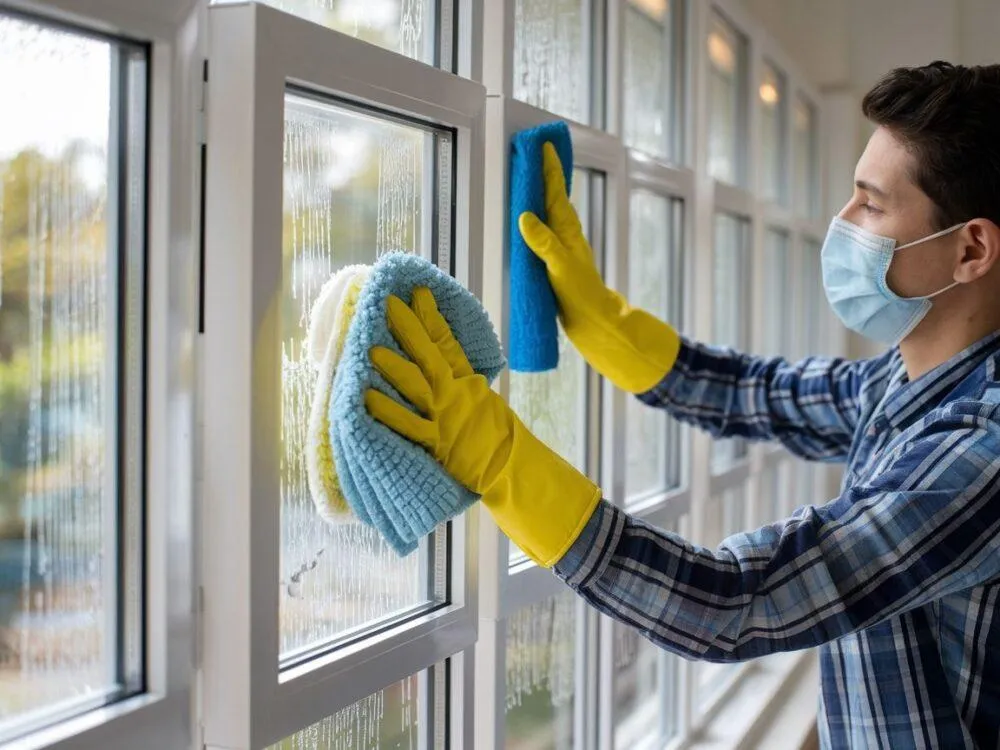 osoba myjąca białą ramę okna plastikowego miękką szmatką