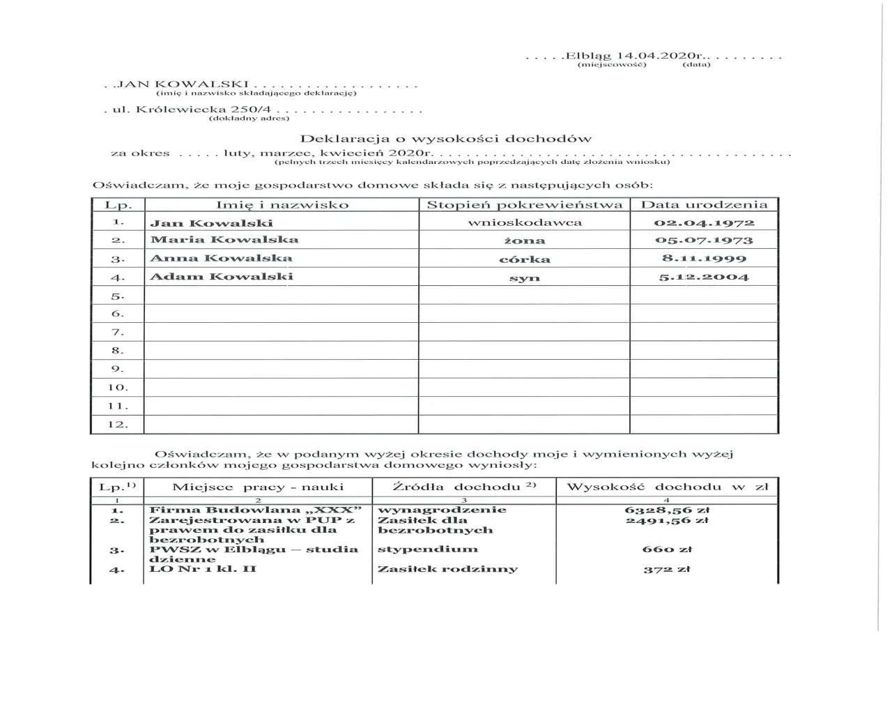 Wypełniony formularz wniosek o mieszkanie komunalne