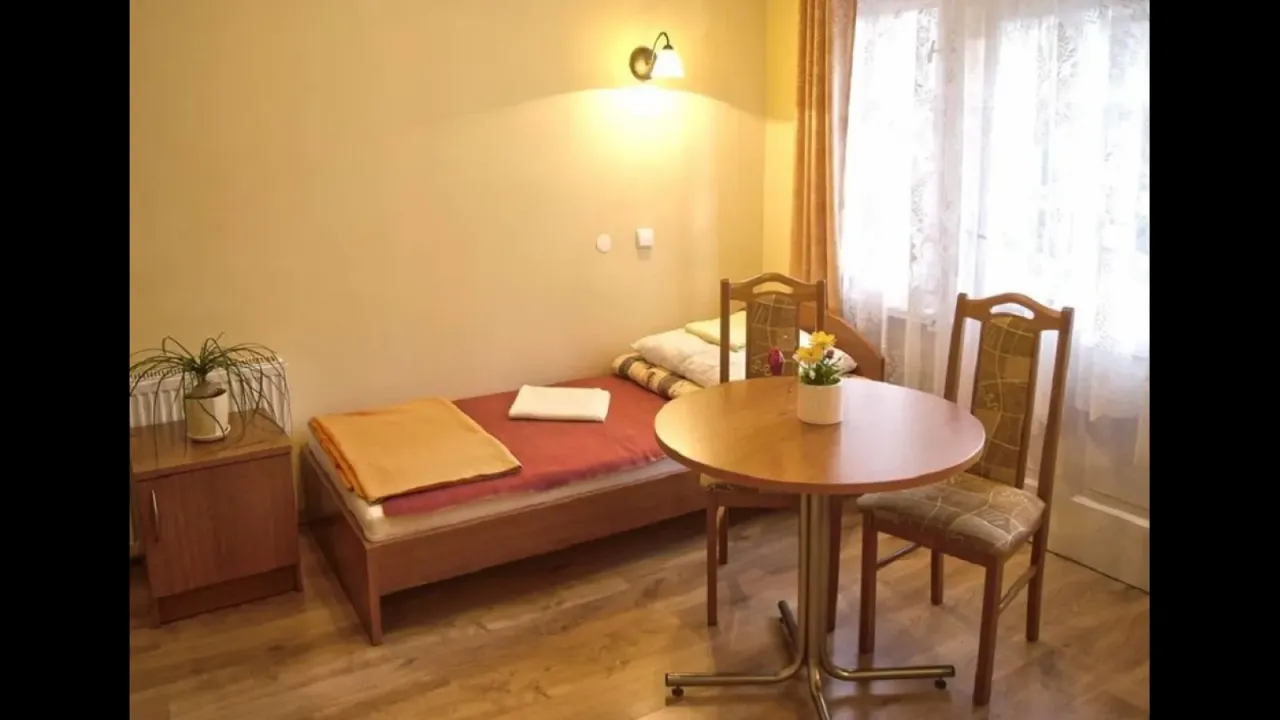 Pokój w sanatorium Azalia w Szczawnie-Zdroju: łóżko, stolik z krzesłami i kwiatami, szafka nocna z rośliną.