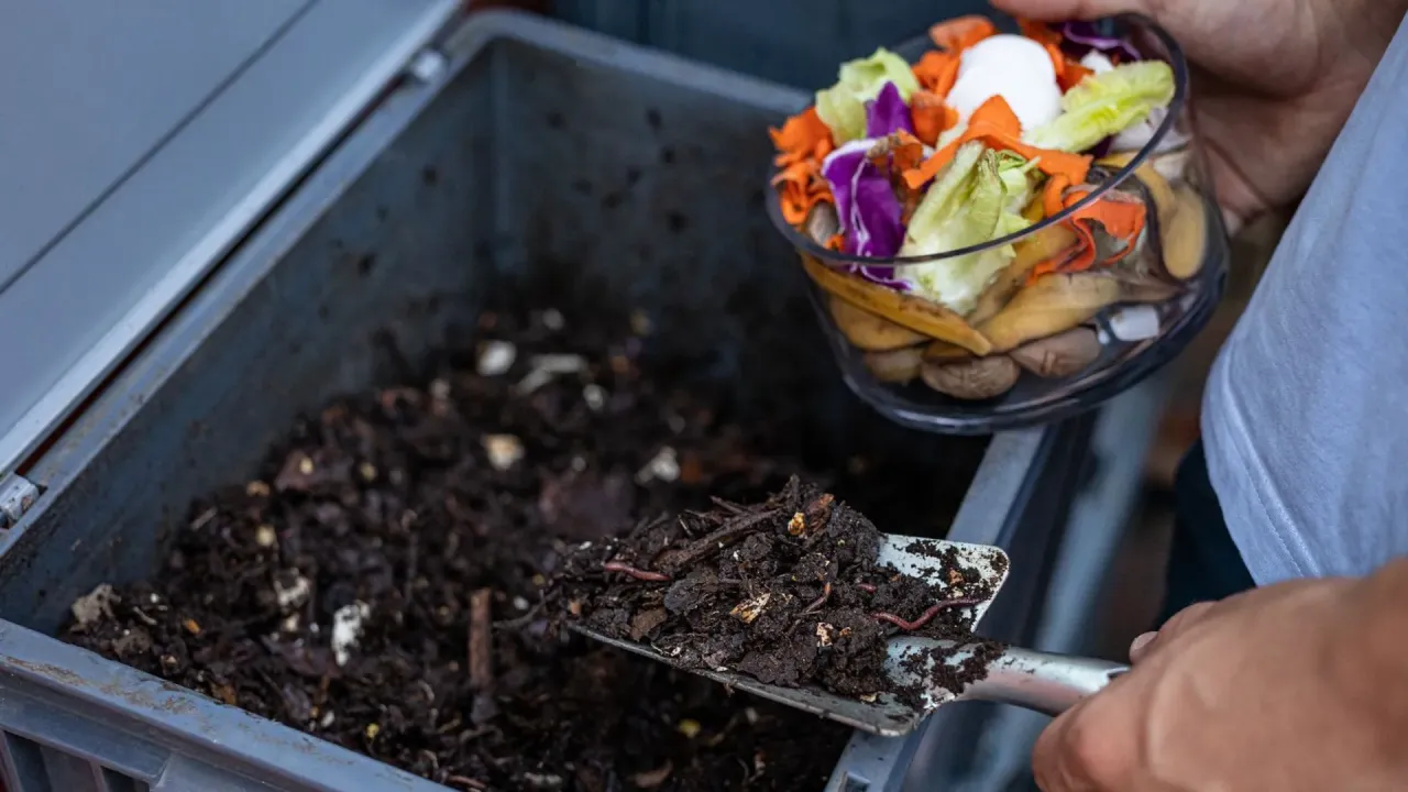 Kompostownik pełen ziemi i dżdżownic. Dodawanie resztek warzyw i owoc&oacute;w to spos&oacute;b, jak uniknąć opłaty za śmieci.