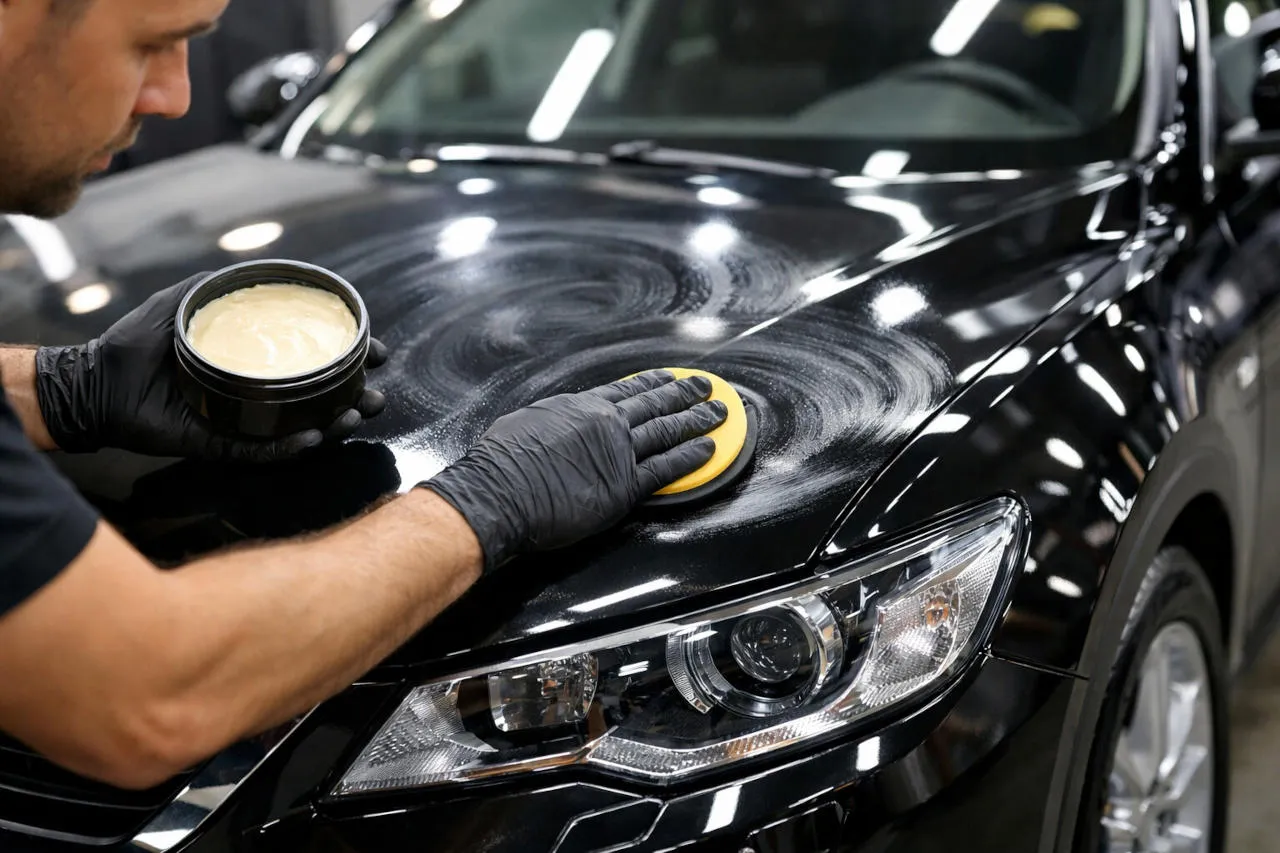 Mężczyzna w czarnych rękawiczkach nakłada wosk do samochodu na czarną maskę, tworząc wiry.
