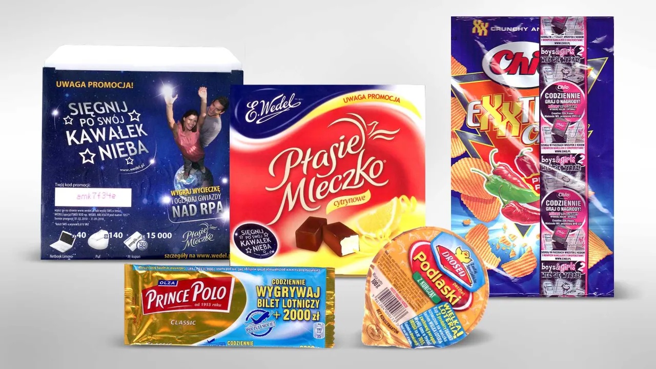 różne opakowania produktów z kodami promocyjnymi