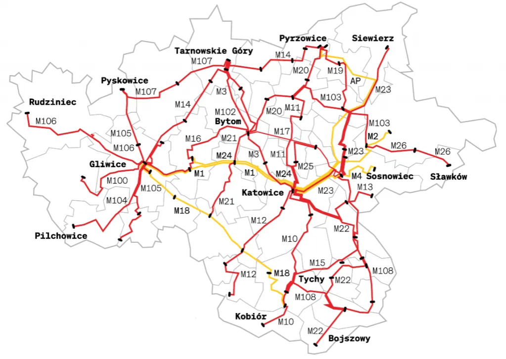 Mapa Górnośląsko-Zagłębiowskiej Metropolii z zaznaczonymi liniami transportu publicznego ZTM