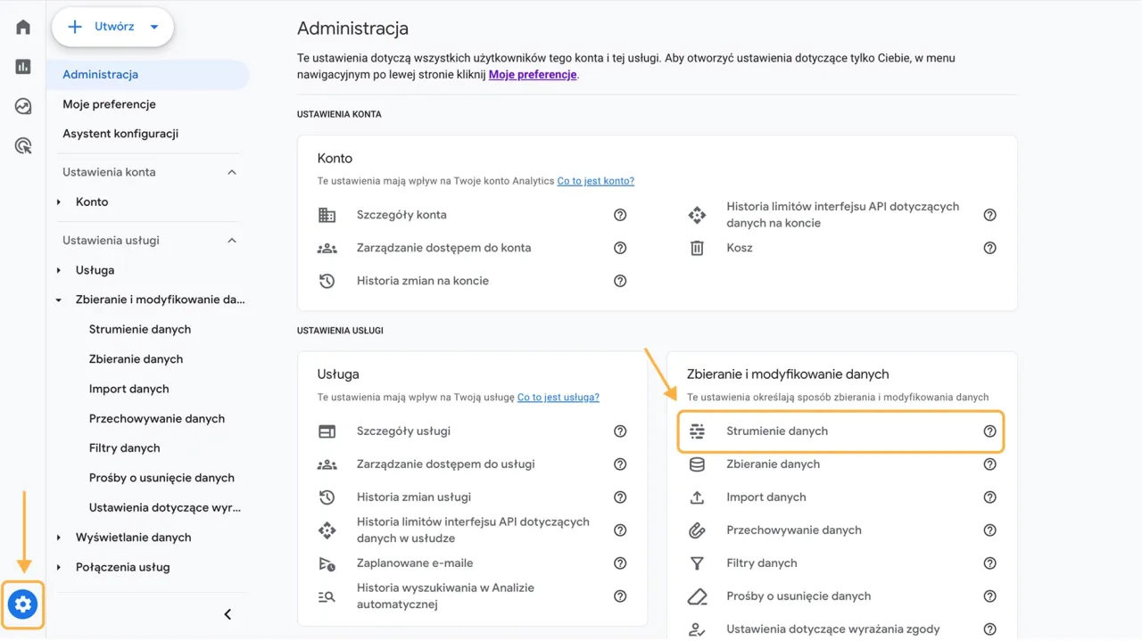 Panel administracyjny Google Analytics. Widoczna konfiguracja GA4, sekcja 